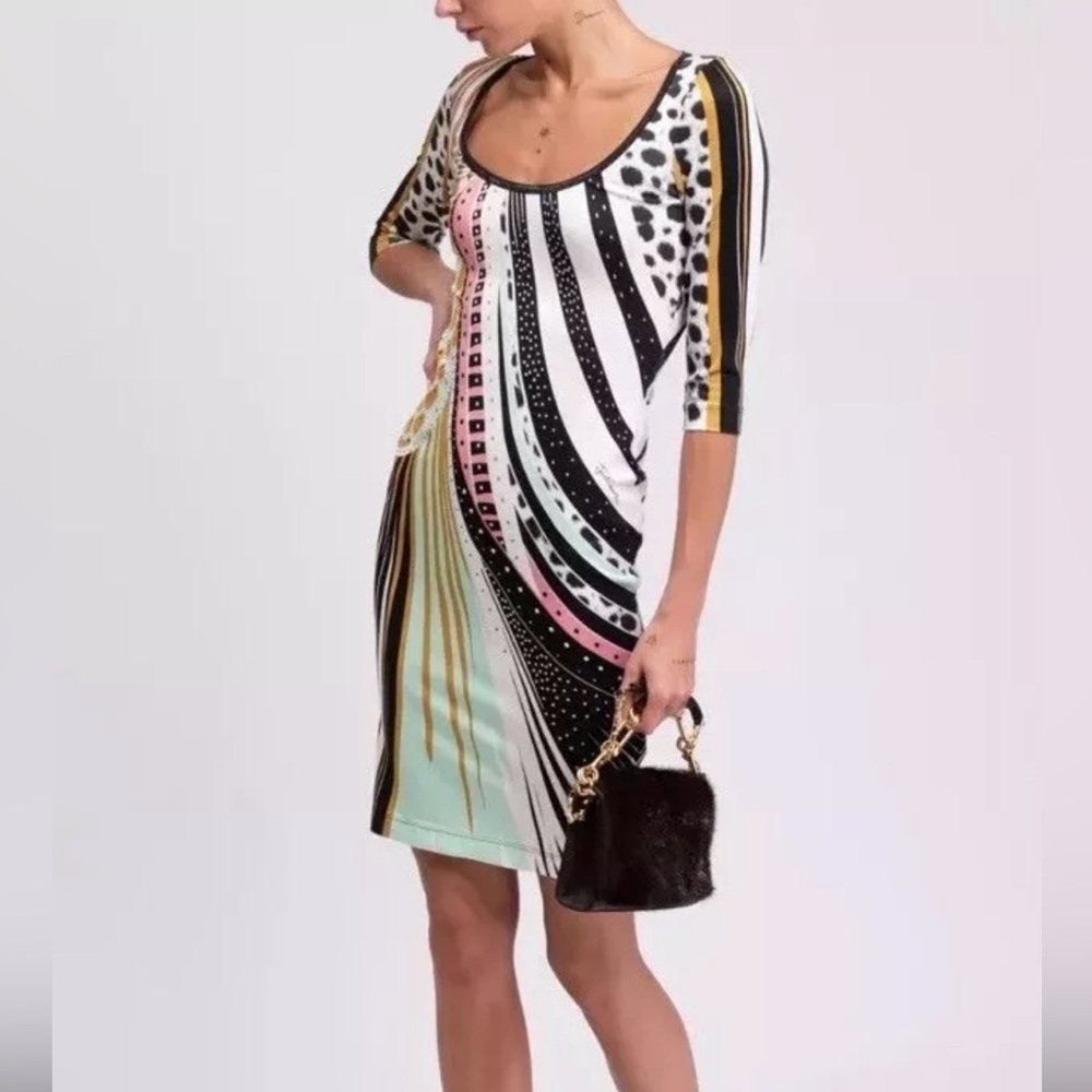 JUST CAVALLI Print Fantasy Midi Dress IT42 / US M 3/4 Sleeve Art NWT